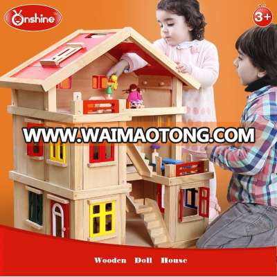 Happy family wooden toy DIY dollhouse with colorful dolls & furnitures kids pretend play large doll house