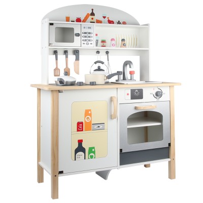 Children's play house modern wooden simulation kitchen set with stainless steel kitchenware New solid wood classic kitchen