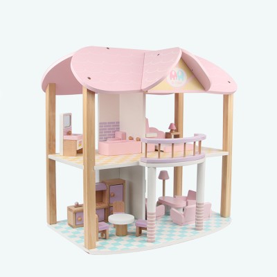 hot sale two floor wooden doll house set toy pink wooden doll house toy child furniture set children DIY wooden dollhouse