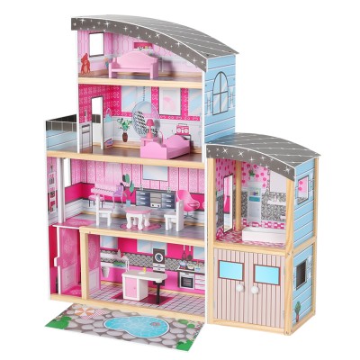 New OEM Pink Wooden Dollhouse 4 Layers with Pool Lift Garage Wood Doll House