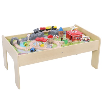 Customize kids toy 57pcs wooden table train set railway track for toddlers with table Classic Wooden Toy Train Railway Set Toy