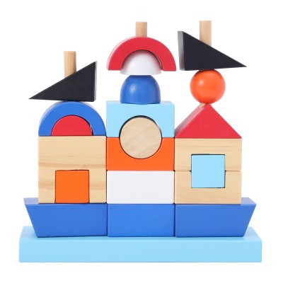 Hot sell children educational column baby geometry cognitive matching toys color wooden building blocks toys