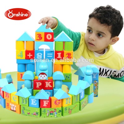 New design 100pcs kindergarten Wooden Building Blocks with different figure Animal and Alphabet patterns