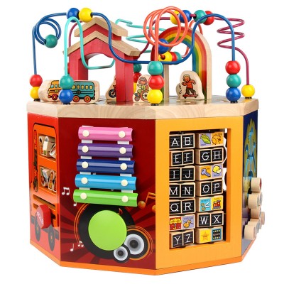 Multi-function wooden activity cube toys educational children shape match bead maze box toys for kids