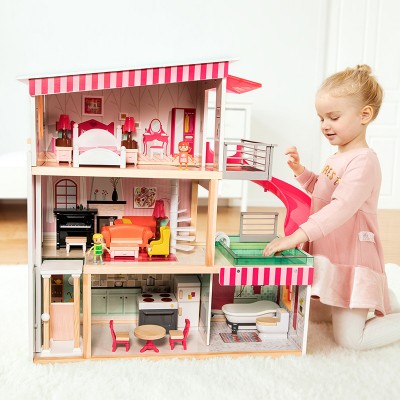 Topbright DIY 3 floors Girls Petend Role Play Game Kids Big Wooden Dollhouse diy Furniture Set For Children