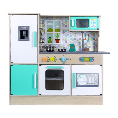 Children's play house modern wooden simulation kitchen set with stainless steel kitchenware Funly sound and light  kitchen toys